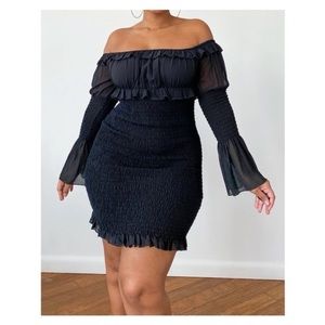 Plus Black Chiffon Shirred Bodycon Dress